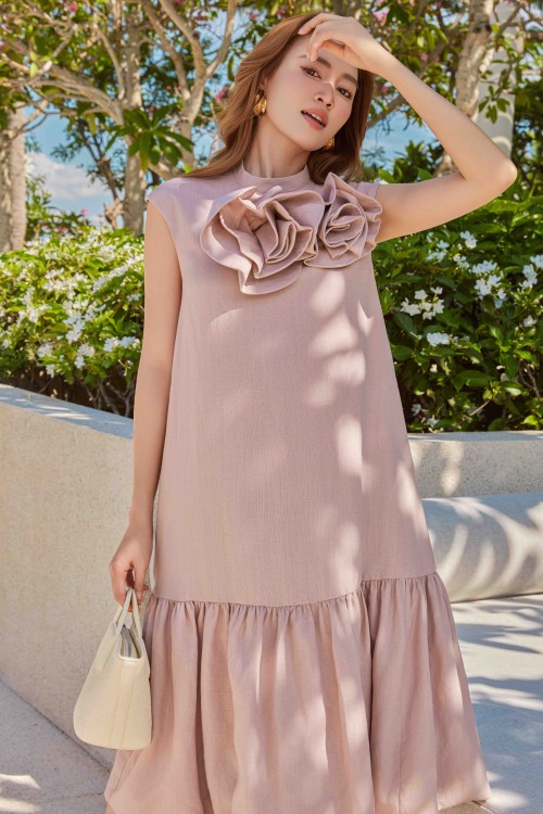 Sixdo Light Pink 3D Flower Linen Loose Dress